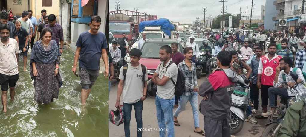 जलभराव को लेकर चक्काजाम का असर : प्रोफेसर कॉलोनी समेत निचली बस्तियों में पहुंची महापौर, जोन कमिश्नरों को पंप से पानी खाली कराने के दिए निर्देश