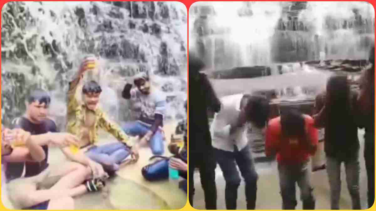 धार्मिक स्थल में शराब पार्टी: झरने में नहाते हुए दोस्तों ने दारू पीते बनाई रील, लोगों ने कान पकड़कर कराया उठक-बैठक, Video Viral