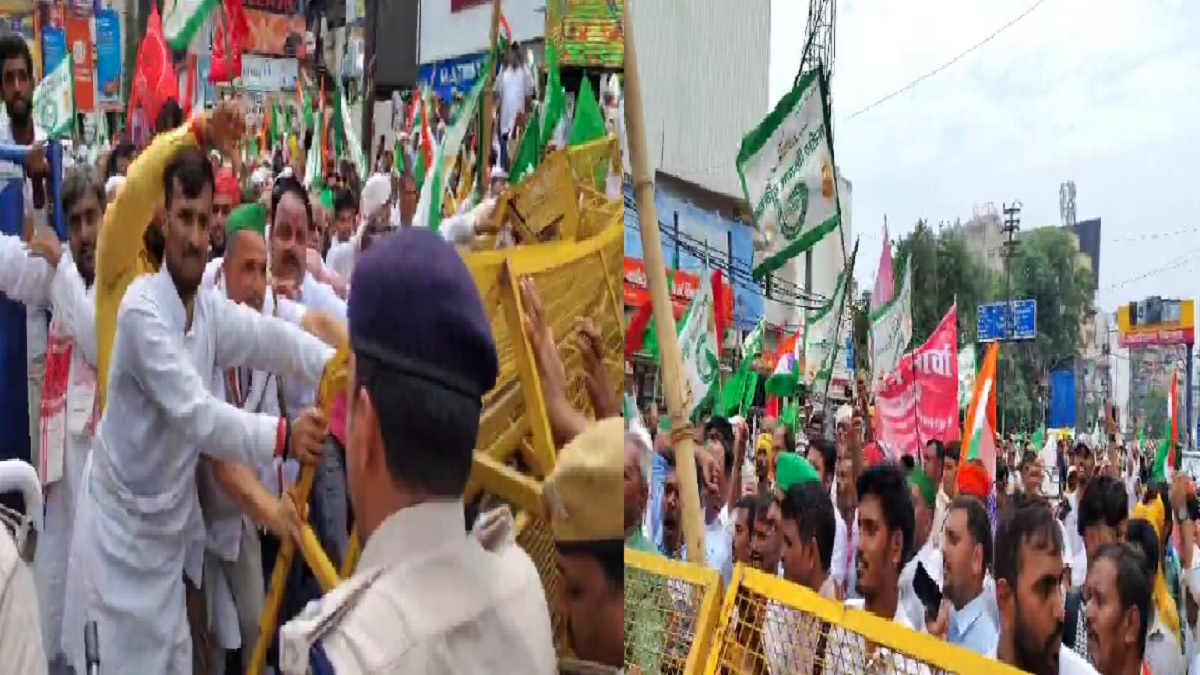 पटना की सड़कों पर किसानों का हल्ला-बोल, पुलिस से हुई तीखी नोकझोंक, बैरिकेडिंग तोड़ने की कोशिश
