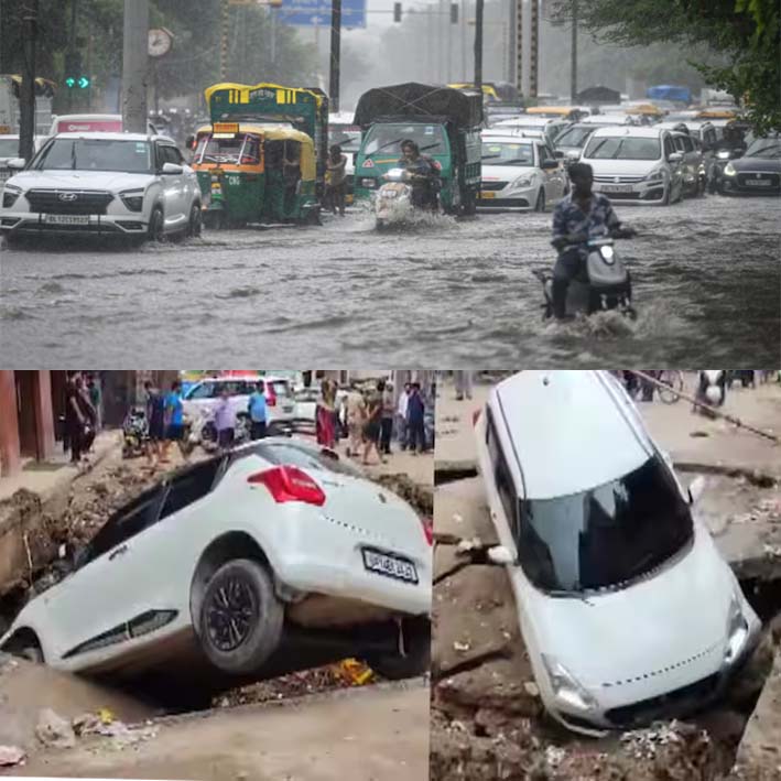 दिल्ली-NCR में बारिश, आंधी-तूफान का कहर, सड़कों पर भरा पानी, बुराड़ी में सड़क धंसी गड्ढे में गिरी कार
