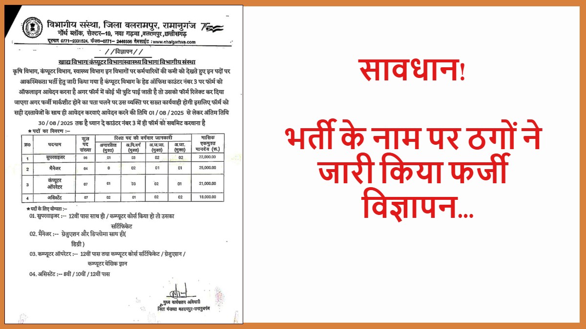 सावधान! आकस्मिक भर्ती का फर्जी विज्ञापन जारी कर ठगों ने बिछाया जाल, जिला पंचायत CEO ने पत्र जारी कर किया सतर्क…