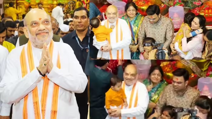 केंद्रीय गृह मंत्री अमित शाह ने परिवार सहित किए लालबागचा राजा के दर्शन, बेटे जय शाह भी रहे मौजूद ; आरती के दौरान पोते को अपनी गोद में लिया