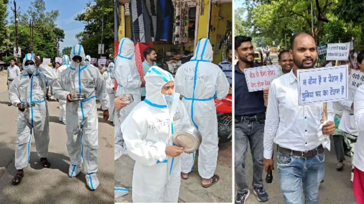 VIDEO : NHM कर्मचारियों का अनोखा प्रदर्शन, PPE किट पहनकर बाजार में मांगी भीख, नियमितीकरण समेत अन्य मांगों को लेकर जारी है हड़ताल
