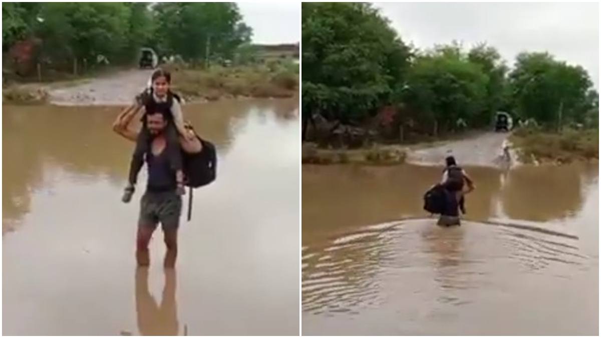 कमर तक पानी, मासूम बच्ची को पीठ पर उठाकर स्कूल ले जाता दिखा पिता, Video वायरल 