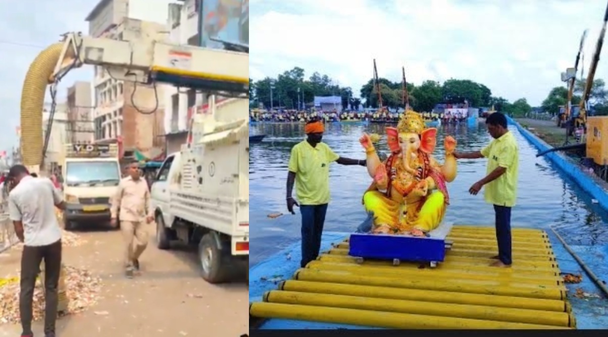 रायपुर में 5931 गणेश प्रतिमाओं का विसर्जन, झांकी रूट पर रोड वैक्युम क्लीनर मशीन और JCB की मदद से की गई सफाई