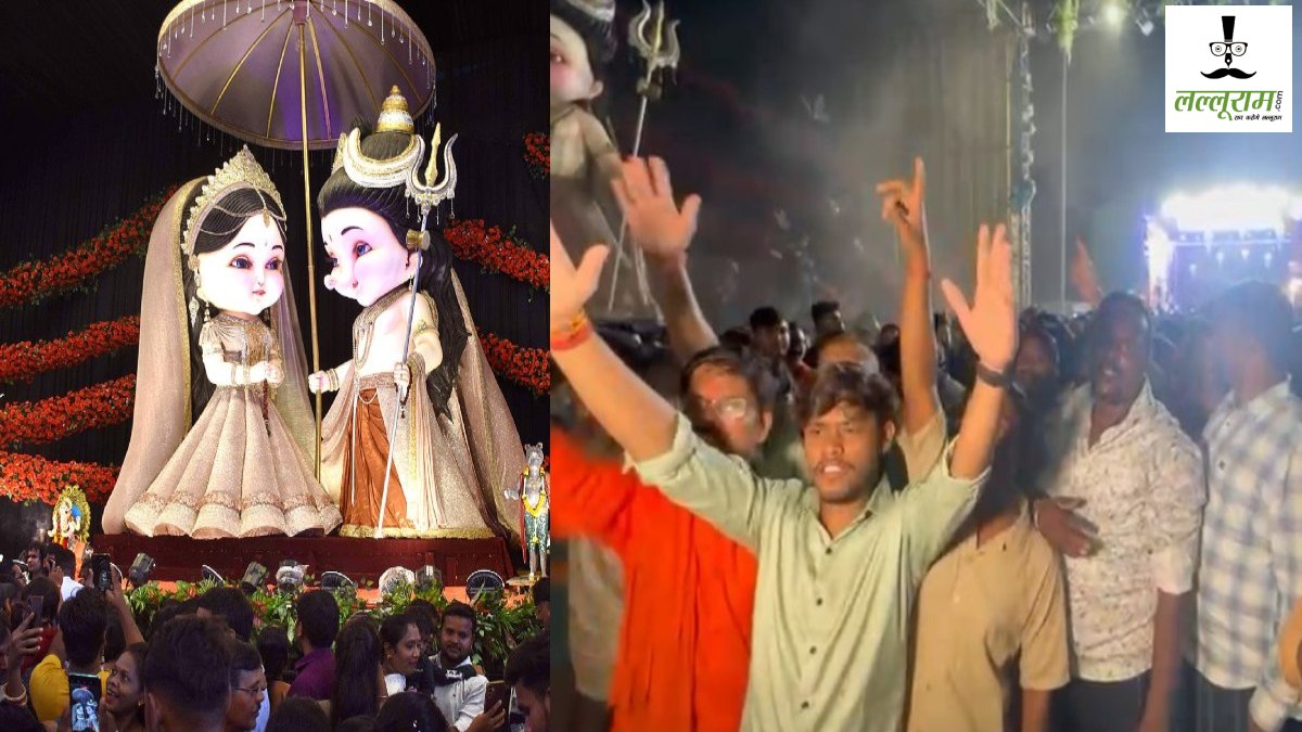 लाखेनगर गणेश पंडाल में बवाल के बाद ढकी मूर्ति : AI जनरेटेड प्रतिमा और फिल्मी गाने बजाने पर बजरंग दल का प्रदर्शन, सड़क पर बैठकर प्रतिमा विसर्जित करने की कर रहे मांग