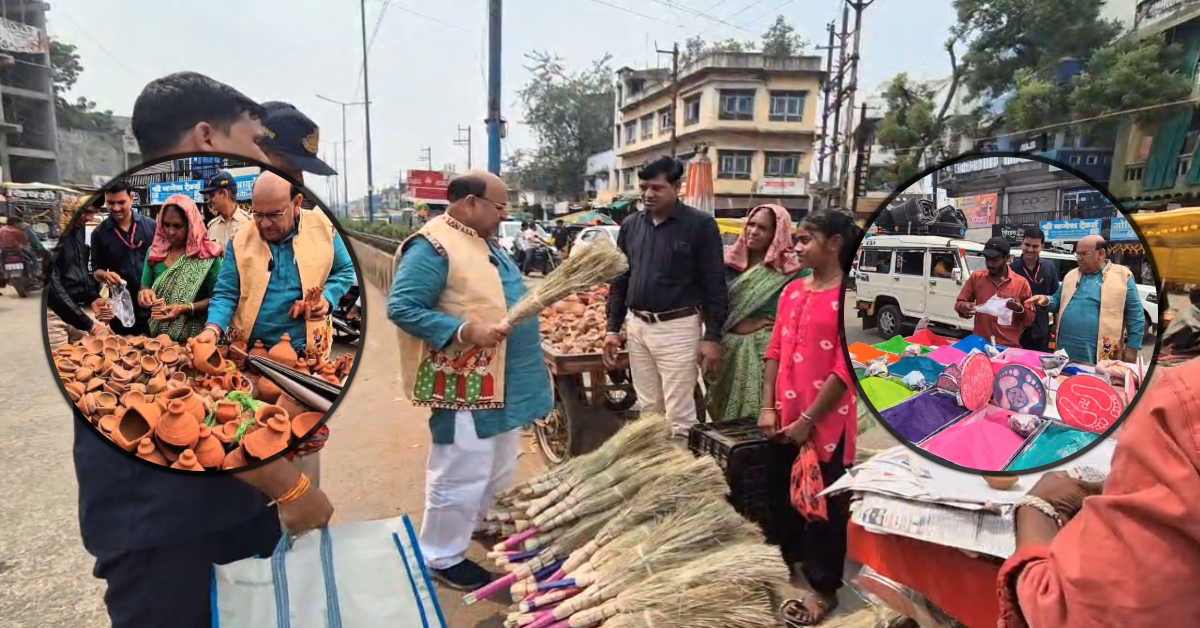 ST राष्ट्रीय अध्यक्ष ने फुटकर व्यापारियों से की खरीदी: सड़क किनारे लगी दुकानों से लिए दीये-झाड़ू और रंगोली, लोगों से की स्वदेशी अपनाने की अपील