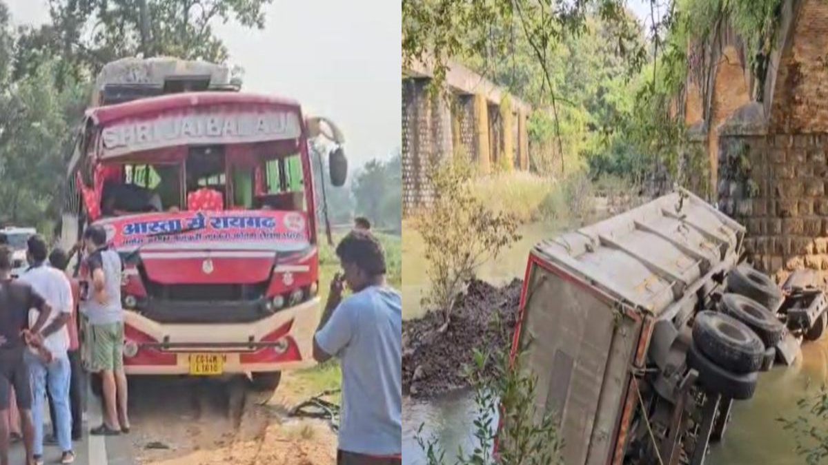 CG Accident News : तेज रफ्तार हाइवा और बस की आमने-सामने टक्कर, पुल से नीचे गिरी ट्रक, ड्राइवर की मौत, एक गंभीर