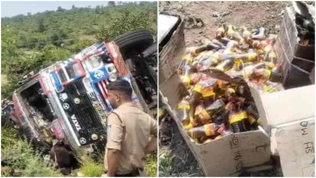 जबलपुर में सरसों तेल से लदा ट्रक पलटा: लूटने की मची होड़, ड्राइवर घायल