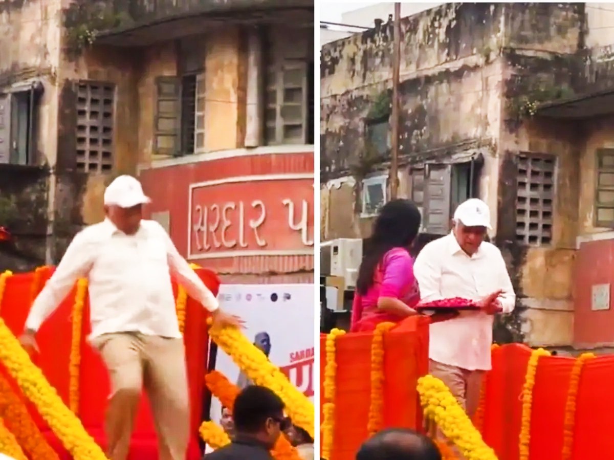 एकता दिवस पर फजीहत : सरदार पटेल को श्रद्धांजलि के बाद मंच पर फिसले गुजरात के CM भूपेंद्र पटेल, बारिश में फिसला पैर